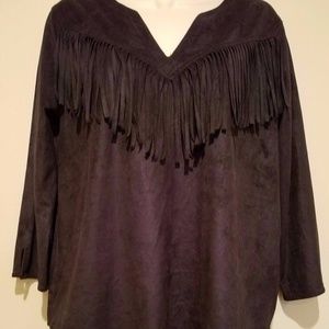 Express Top V Neck Fringe, Faux Suede Black NWT